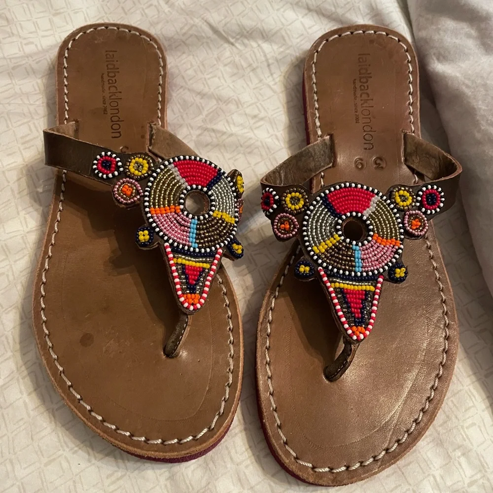 Laidback London Shibli SSR Leather Beaded Handmade Sandal Red Mix Size 39